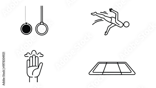 Gymnastics Icon Set: A minimalist monochrome collection of icons showcasing the various elements of gymnastics
