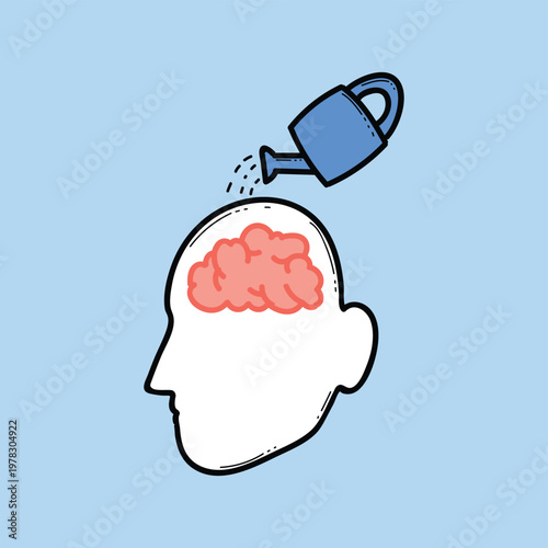 Watering Brain Illustration Representing Mental Growth, Creativity, Learning, And Mindful Self Care