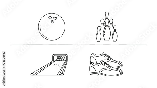 Bowling Essentials: Four key components of the beloved sport. capturing the core elements in a clean, minimalist style
