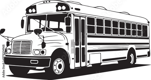 Black and white illustration of a school bus