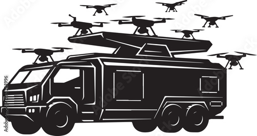 Military truck, drone carrier, surveillance vehicle, black vector icon