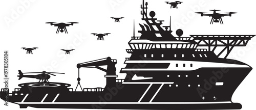Military ship, naval vessel, warship, drone fleet, black silhouette, vector graphics