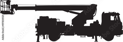 Black silhouette truck mounted aerial lift, cherry picker, boom lift, construction vehicle