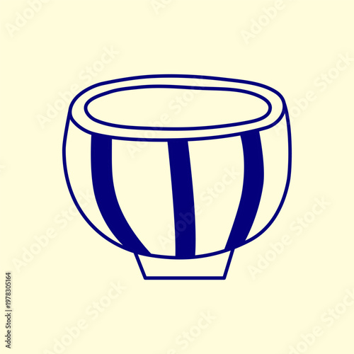 Lovely striped bowl in Mediterranean line art style isolated on pastel background. Minimalist hand drawn kitchenware utensil. Cute ceramic dinnerware.