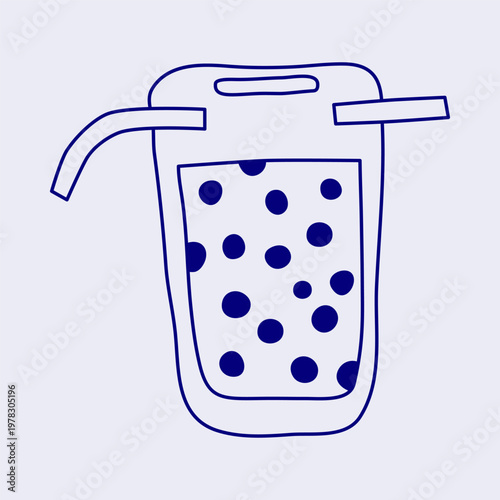 Cute doodle outline tapioca bubble tea in plastic package with straw isolated on pastel background. Hand drawn summer take away beverage in line art Mediterranean style. Fresh boba drink to go.