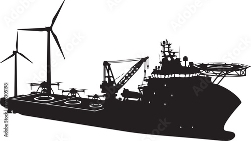 Industrial ship, cargo vessel, wind turbines, silhouette, black and white, vector graphics
