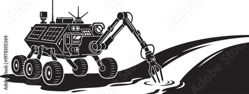 Robotic rover, Mars exploration vehicle, space robot, planetary rover, black and white illustration