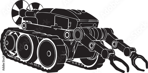 Industrial robot, mechanical arm, tank tread, claw, black and white vector illustration