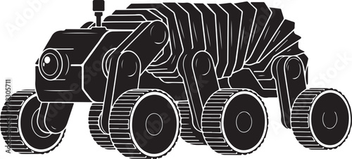 Black and white robot illustration, futuristic vehicle, industrial design, mechanical elements