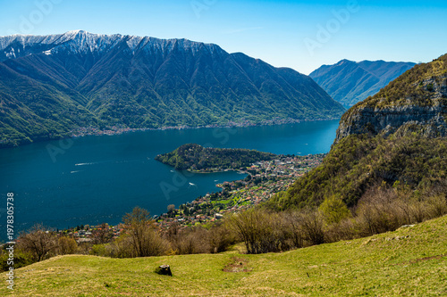 View of Lake Como from the Tremezzo and Nava mountains, with Lenno and the surrounding mountains.