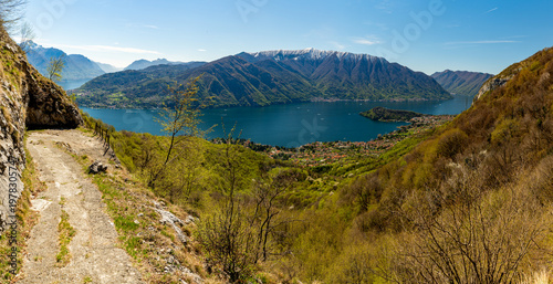 View of Lake Como from the Tremezzo and Nava mountains, with Lenno and the surrounding mountains.