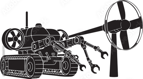 Industrial robot arm, mechanical engineering, black and white illustration, vector graphics