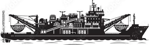 Industrial cargo ship, freight vessel, black and white illustration, transportation icon
