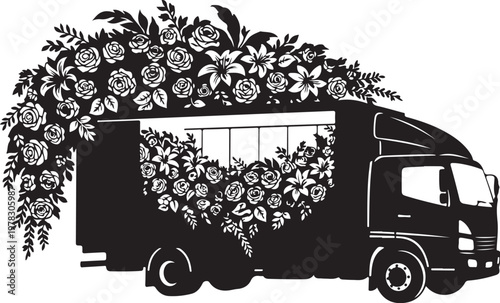 Floral truck, flower delivery vehicle, black and white illustration, decorative transport