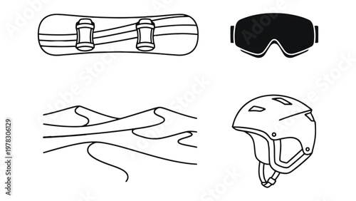 Snowboarding Gear and Landscape: Depicting essential equipment for snowboarding alongside an artistic representation of a snowy landscape
