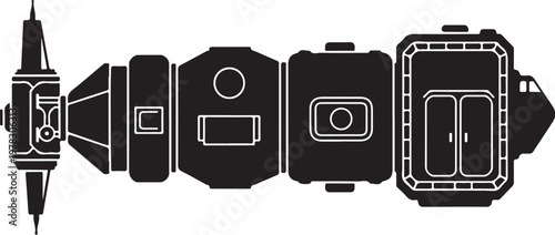 Spacecraft, rocket ship, satellite icons, black and white, vector graphics, 5 elements