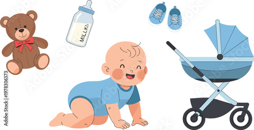 Cartoon Style Crawling Baby with Bear, Bottle, Baby Shoes, and Stroller for Newborn and Baby Care Illustrations