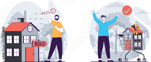 A construction worker holding a sold sign in front of a building