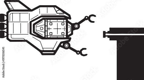Industrial robotic arm, mechanical parts, line art, vector graphics, factory components