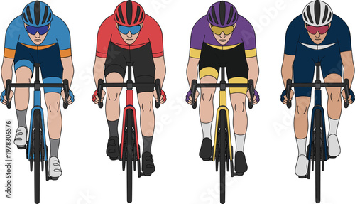 Front view vector illustration set of professional cyclists in colorful jerseys racing on road bikes isolated on white background