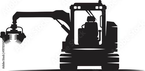 Black silhouette excavator, heavy machinery, construction equipment, industrial icon