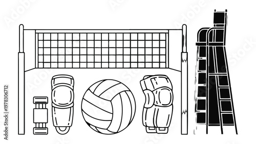 Volleyball Gear Line Art: A clean line art illustration showcasing essential volleyball equipment, including a net, ball, knee pads, and umpire chair, ready for the game.