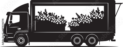 Black truck, floral delivery van, flower truck, vehicle silhouette, cargo transport