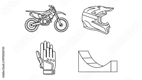 Motocross Gear Illustration: An illustration showcasing key elements of motocross, including a motorcycle, helmet, glove, and ramp. Designed with simple lines, it embodies the spirit of racing.