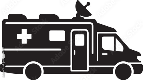 Black ambulance vector icon, emergency medical services symbol, paramedic vehicle illustration, medical transport
