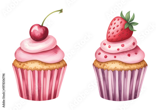 Watercolor cup cake collection for birthday party dessert decoration.