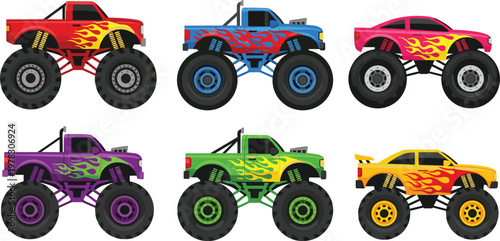 Monster Truck Collection with Colorful Off Road Vehicles and Flame Designs for Racing, Adventure, and Extreme Sport Illustration Set