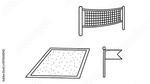 Beach sport elements. A monochrome sketch illustrates the essential elements of beach volleyball, sand, and beach flag.