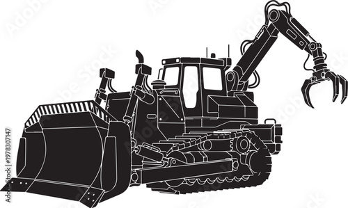 Heavy duty excavator, construction equipment, industrial vehicle, black and white illustration