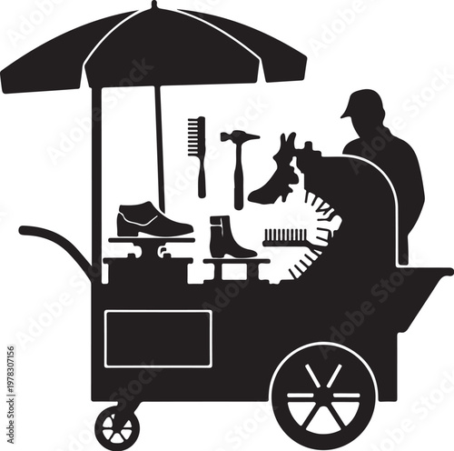Black silhouette, shoe repair cart, cobbler tools, mobile service