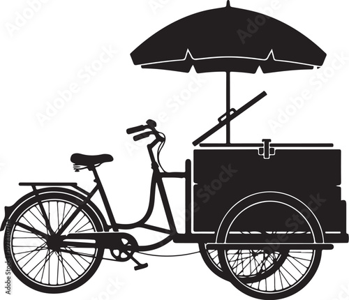 Black bicycle food cart, tricycle vendor, umbrella canopy, vector illustration