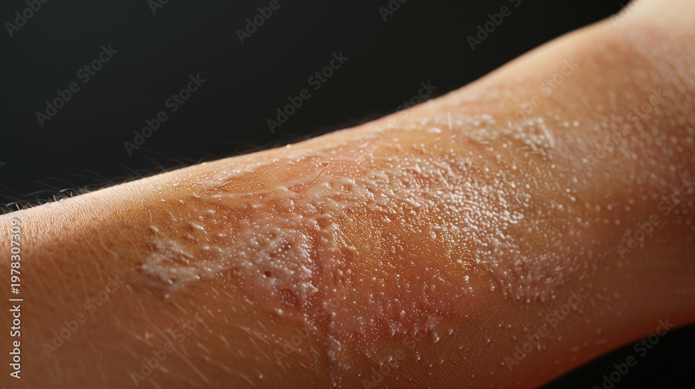 Fototapeta premium Medical photography of a human forearm with early Lyme disease rash (erythema migrans), subtle bullseye pattern on skin, natural skin texture, soft studio lighting, macro detail