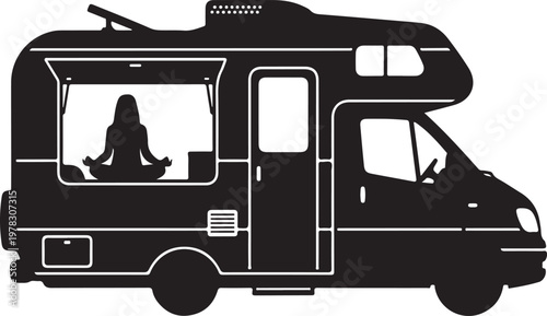 Black camper van, RV silhouette, woman meditating inside, vector icon, travel trailer