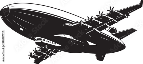 Vintage Blimp Airship, Retro Dirigible Illustration, Black and White Airplane, Aviation Icon