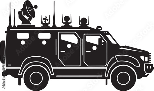 Black tactical vehicle, armored car, military truck, surveillance vehicle