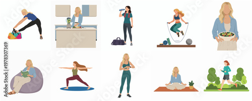 Flat Woman Lifestyle Wellbeing and Healthy Routine Illustration Set