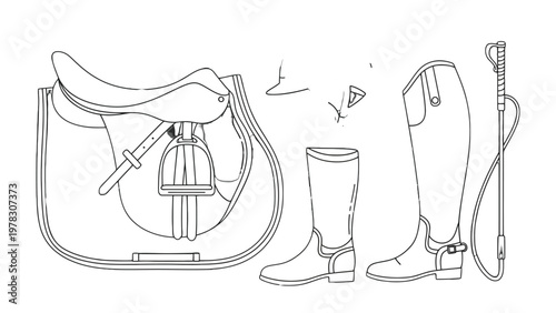 Equestrian Gear Illustration: A detailed illustration showcases essential equestrian equipment, featuring a saddle, riding boots, and a whip, ready for the riding.
