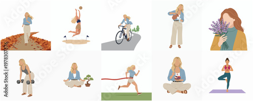 Minimalist Flat Illustration of Woman Doing Various Activities Lifestyle Set