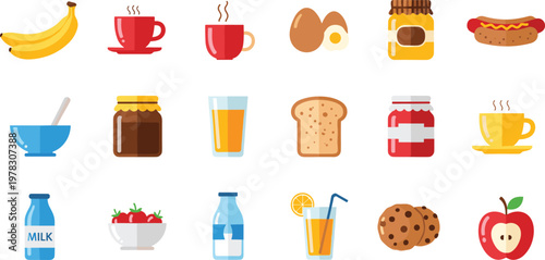 Breakfast food vector set featuring coffee, eggs, toast, milk, juice, banana, cookies and jam in colorful flat style illustration isolated background