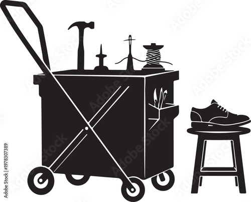 Black, vector shoe repair kit, tools, cart, and stool, cobbler's equipment