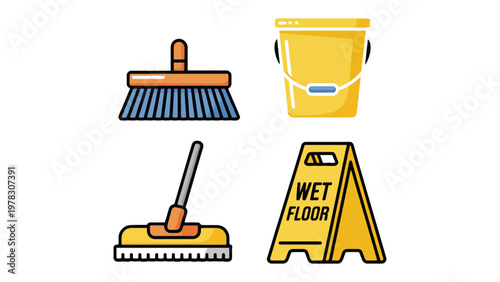 Cleaning Essentials: A set of essential cleaning tools and equipment, neatly arranged, representing a comprehensive approach to maintaining cleanliness and hygiene. 