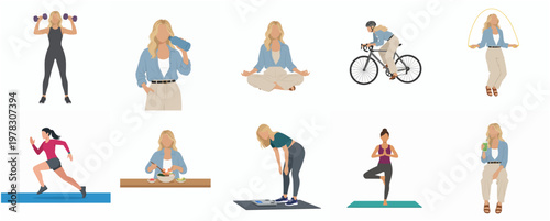 Flat Illustration Set of Woman Doing Different Activity and Exercises Lifestyle