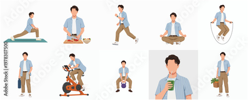 Modern Flat Man Daily Activity Healthy Lifestyle and Sport Illustration Set