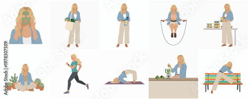Simple Flat Woman Daily Routine Lifestyle and Wellness Activity Illustration Set