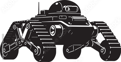 Black and white robot tank, robotic vehicle, futuristic machine, industrial design