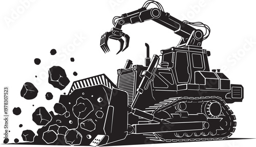 Heavy Industry, Construction, Bulldozer, Excavator, Vector Illustration